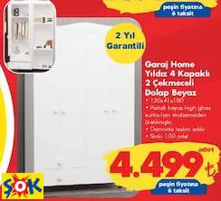 GARAJ HOME YILDIZ 4 KAPAKLI 2 ÇEKMECELİ DOLAP BEYAZ